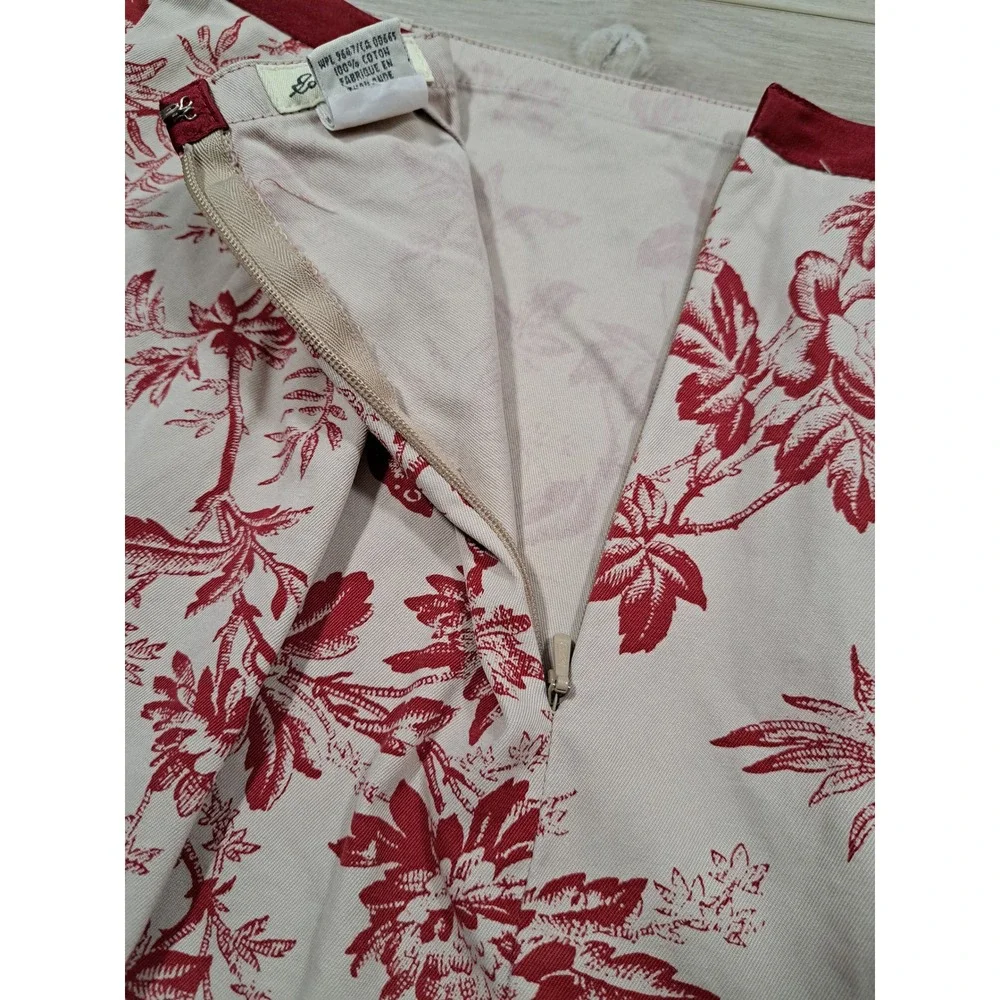 Eddie Bauer Red Cream Toile Floral Butterfly Cotton A-Line Midi Skirt Size 4 Y2K